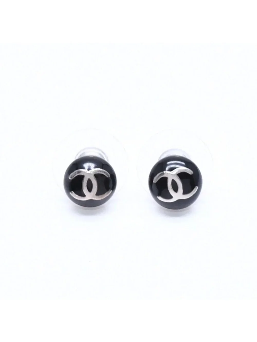 Chanel Button Earrings CC Logo Black Silver 03